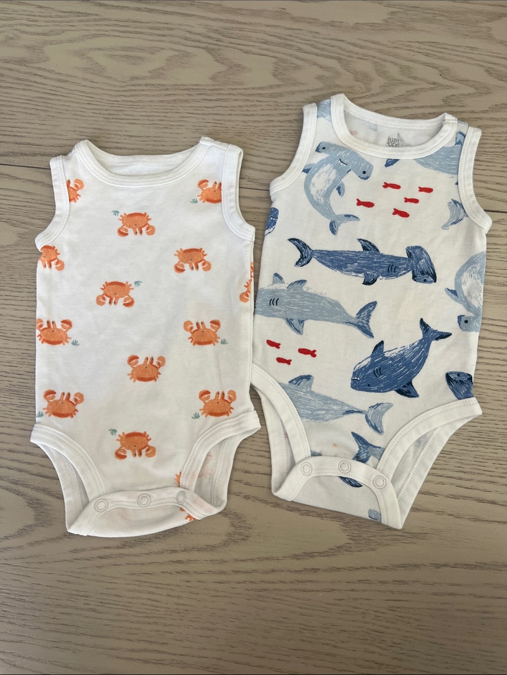 Kids Sleeveless Bodysuit Set - Orange Crab & Blue Whale Prints